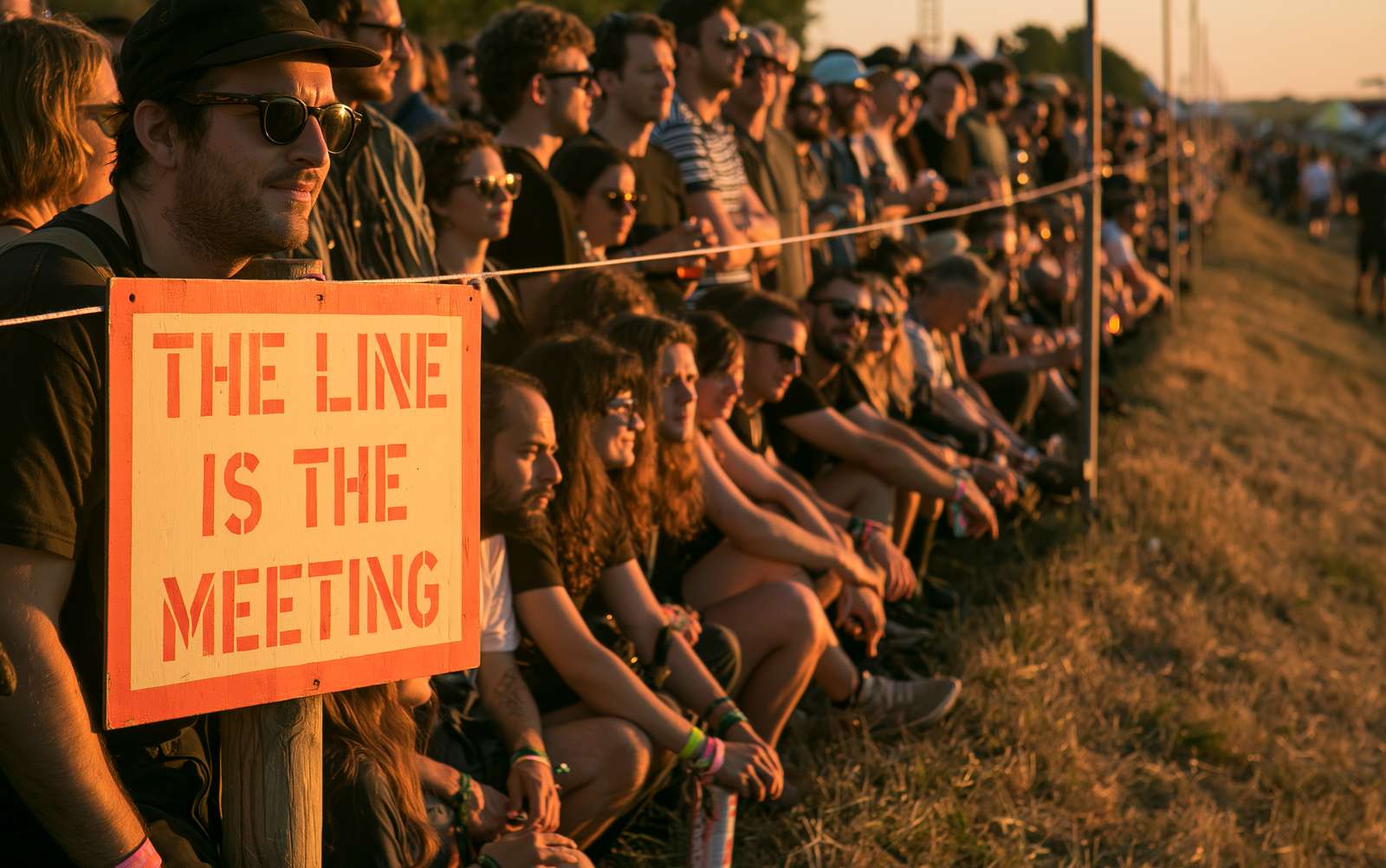 THE LINE IS THE MEETING — posted beside the queue
